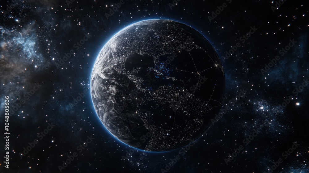 Fototapeta premium 3D rendering of Earth with city lights glowing, surrounded by a network of grid lines in space.
