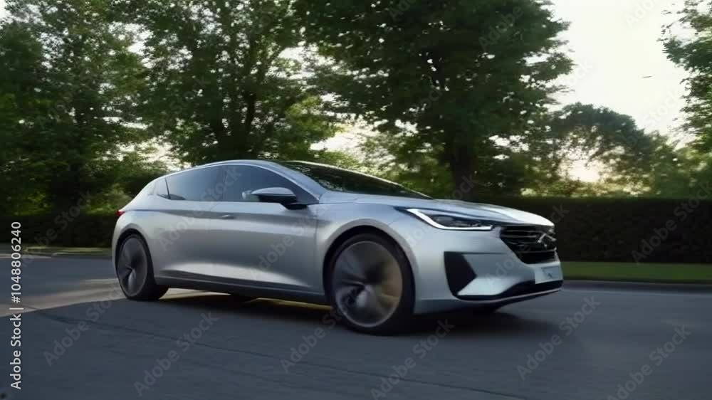 Electric vehicle driving along a rural road surrounded by natural landscape Electric vehicle driving along a rural road surrounded by natural landscape