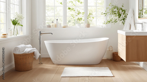 
A sleek bathroom with low-flow faucets and water-efficient fixtures, photo