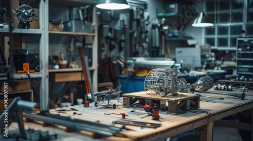 Model Airplane and Wire-Framed Object on Wooden Workbench in Workshop