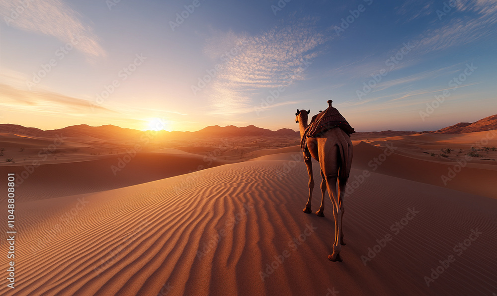 Fototapeta premium A majestic camel walking across golden sand dunes, 