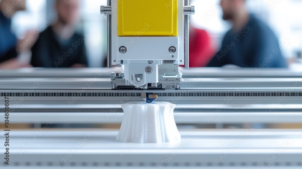 A close-up of a 3D printer in action, showcasing the extrusion process as it creates a white object, with blurred figures in the background. A close-up of a 3D printer in action, showcasing the extrusion process as it creates a white object, with blurred figures in the background.