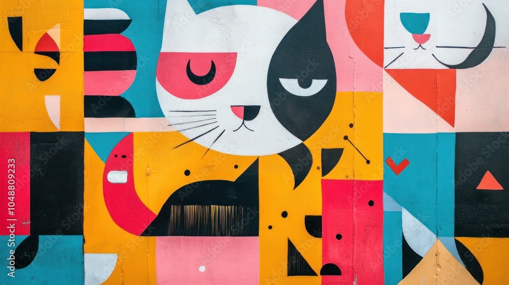 Fototapeta premium Abstract art combining cute animal illustrations and bold color blocks in geometric arrangements.
