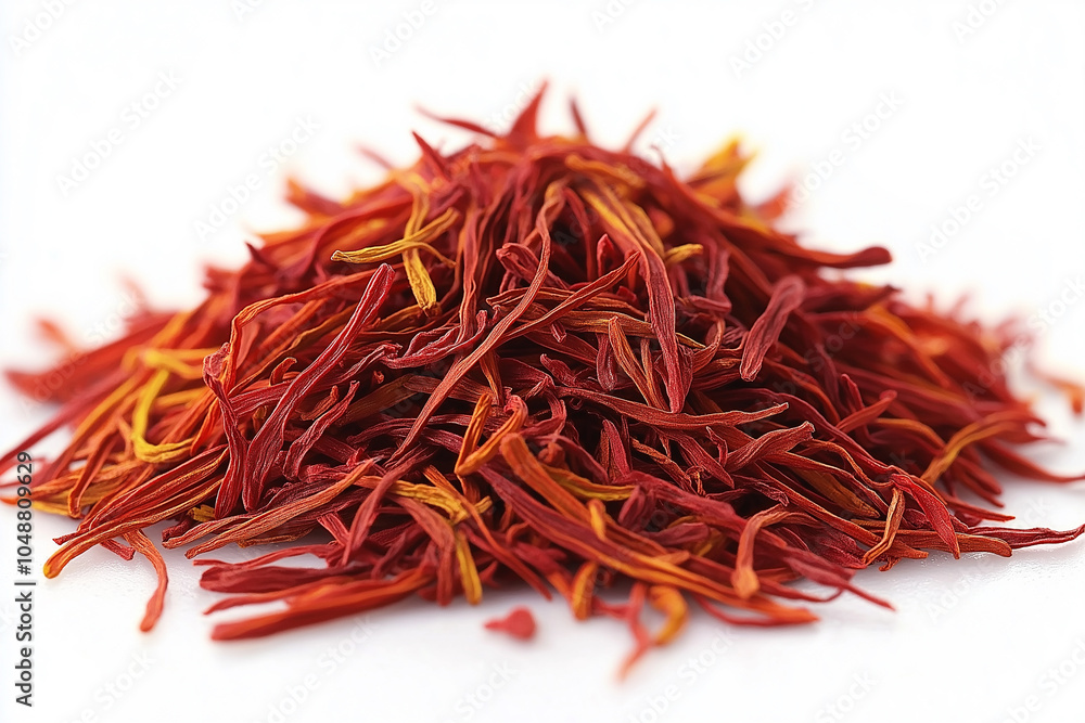 Naklejka premium A vibrant heap of saffron threads showcasing their rich color against a bright background. Generative AI