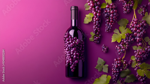 Vibrant Grapes with Wine Bottle on Purple Background