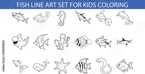A set of 18 black and white line drawings of various fish, sea creatures, and marine animals, designed for children to color.