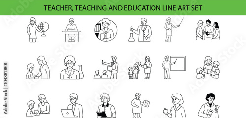 A set of line art icons depicting teachers and educators in various teaching scenarios, including classroom settings, presentations, and individual instruction.