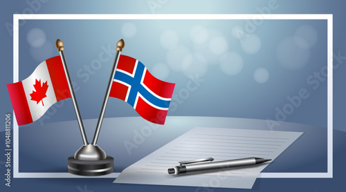 Canada and Norway, Small national flag on bokeh background, cooperative relationship