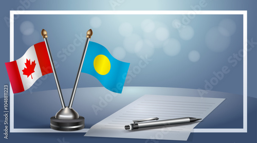Canada and Palau Small national flag on bokeh background, cooperative relationship