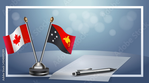 Canada and Papua New Guinea Small national flag on bokeh background, cooperative relationship