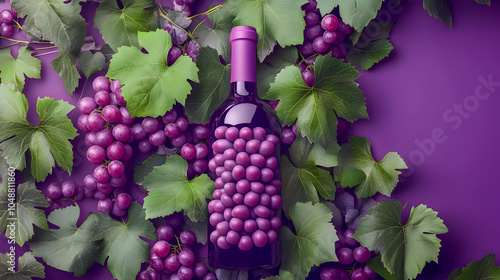 Grapes and Wine Bottle on Purple Background