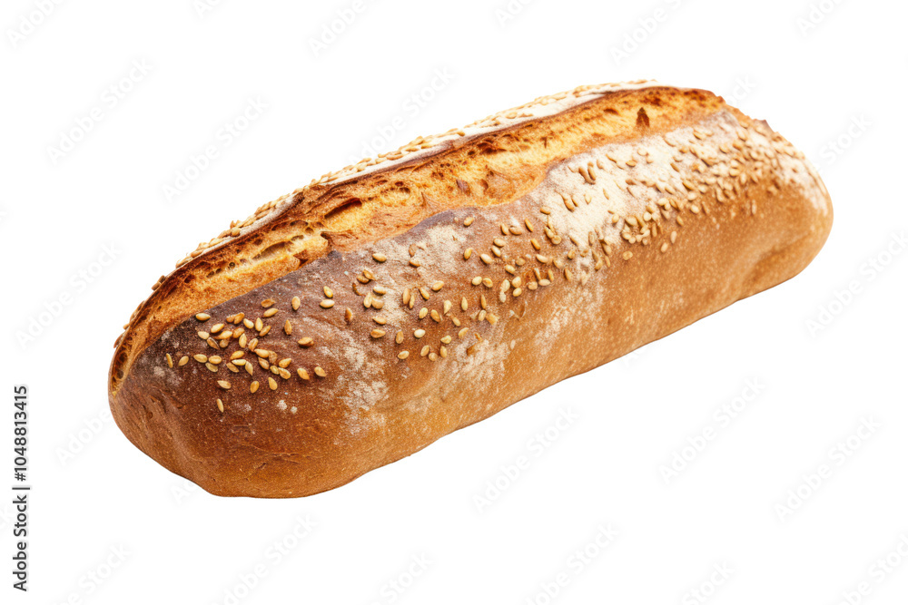 Freshly baked rye bread loaf with a golden-brown crust, sprinkled with sesame seeds, and resting on a white background Freshly baked rye bread loaf with a golden-brown crust, sprinkled with sesame seeds, and resting on a white background