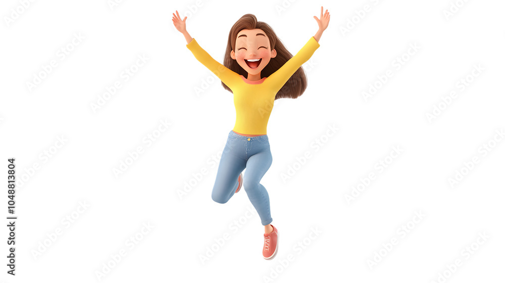 Happy cartoon character young adult woman jumping with hands up. 3D style, human expression, isolated on white Happy cartoon character young adult woman jumping with hands up. 3D style, human expression, isolated on white