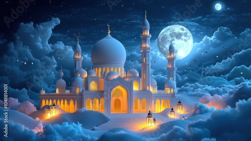 A white mosque with glowing windows and lanterns sits on a cloud under a full moon and starry sky.
