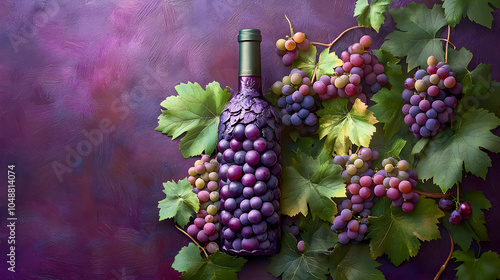 Wine Bottle Surrounded by Purple Grapes and Green Leaves