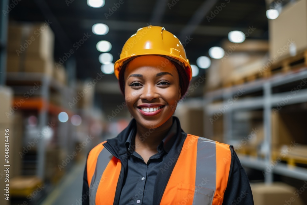 Smiling portrait of a young woman working in factory Smiling portrait of a young woman working in factory