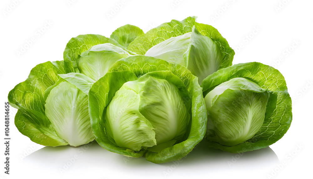 Fototapeta premium Group of green iceberg lettuces shown on a white background.
