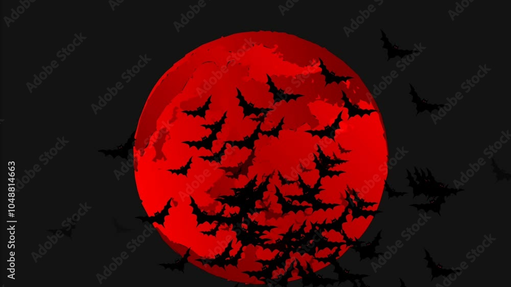 Animated flying bats scatter against the backdrop of a large red of moon and night horror, suitable footage for a spooky horror decorative theme Animated flying bats scatter against the backdrop of a large red of moon and night horror, suitable footage for a spooky horror decorative theme