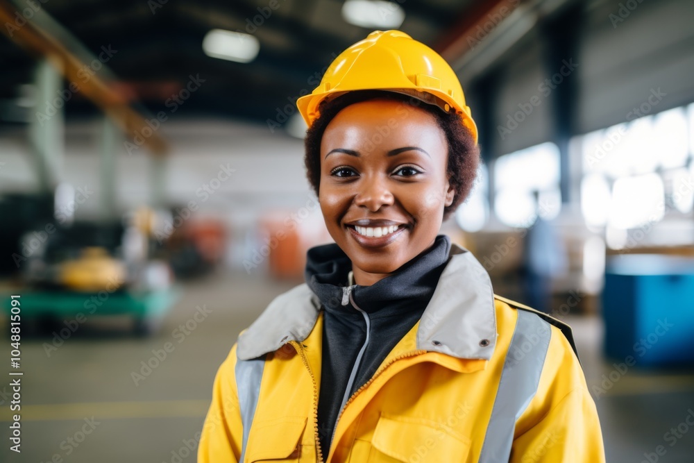 Smiling portrait of a young woman working in factory Smiling portrait of a young woman working in factory