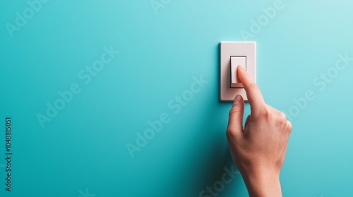 A hand reaching to turn off a light switch against a turquoise background, symbolizing energy saving and conscious living.