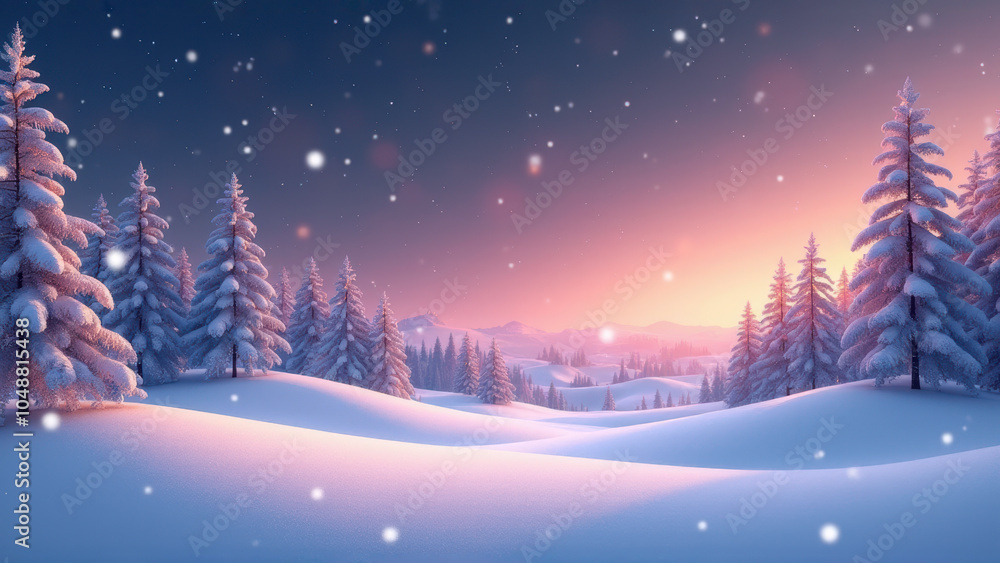 Snowy Winter Landscape with Pink Sunset Snowy Winter Landscape with Pink Sunset