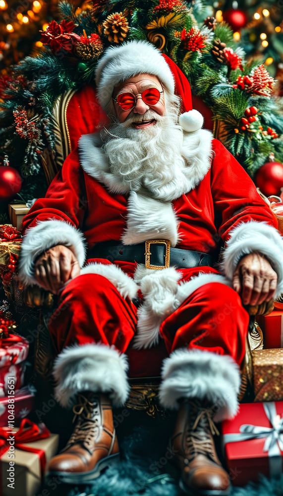 Obraz premium Christmas Throne, Happy and Crazy Santa Claus laughing, Christmas hat on head wearing cool sunglasses, magical winter decoration, Xmas Concept, Festive Winter Holiday Celebration, Gifts and Presents
