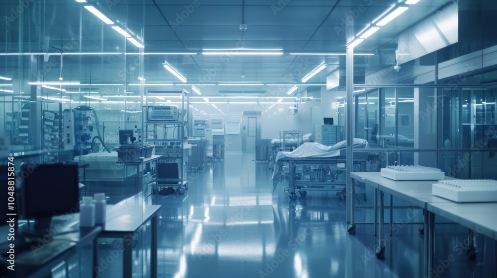 Fototapeta premium Sterile and Empty Medical Laboratory with Fluorescent Lighting