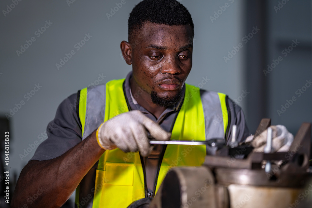 A skilled technician smiles while working on machinery in an industrial setting. Wearing a high-visibility vest and gloves, he displays expertise and enthusiasm, highlighting dedication in his craft. A skilled technician smiles while working on machinery in an industrial setting. Wearing a high-visibility vest and gloves, he displays expertise and enthusiasm, highlighting dedication in his craft.