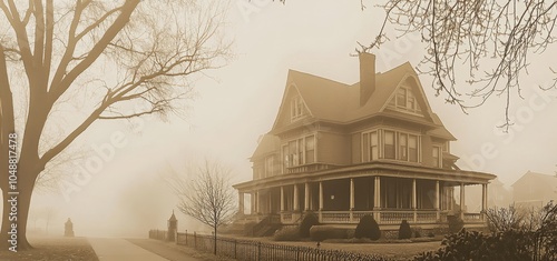 Icy Victorian house silhouetted against foggy morning sky photo