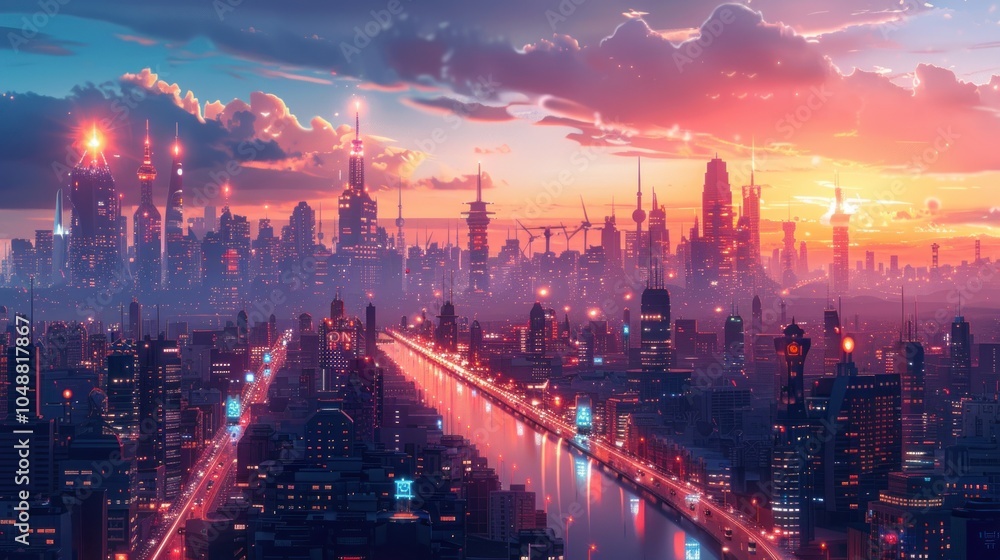 Obraz premium Futuristic Cityscape at Sunset