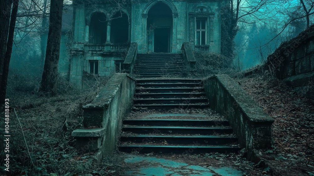 Fototapeta premium Mysterious abandoned mansion in foggy forest