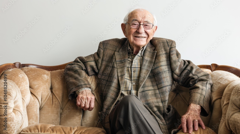 Elderly man sitting on a couch, smiling and looking at the camera Elderly man sitting on a couch, smiling and looking at the camera