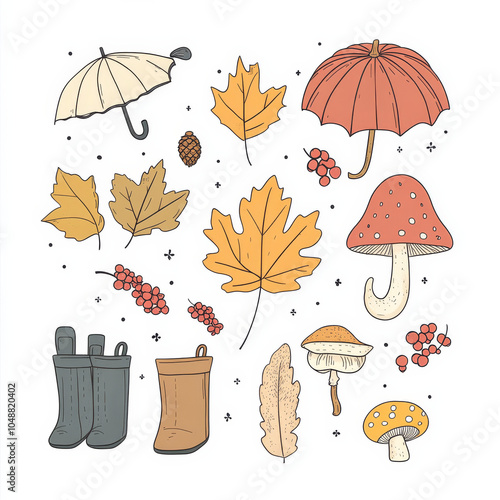 A cute cartoon picture of fall items. It includes a maple leaf, berries, an umbrella, rain boots, a pumpkin, a turkey, an acorn, and a mushroom. photo