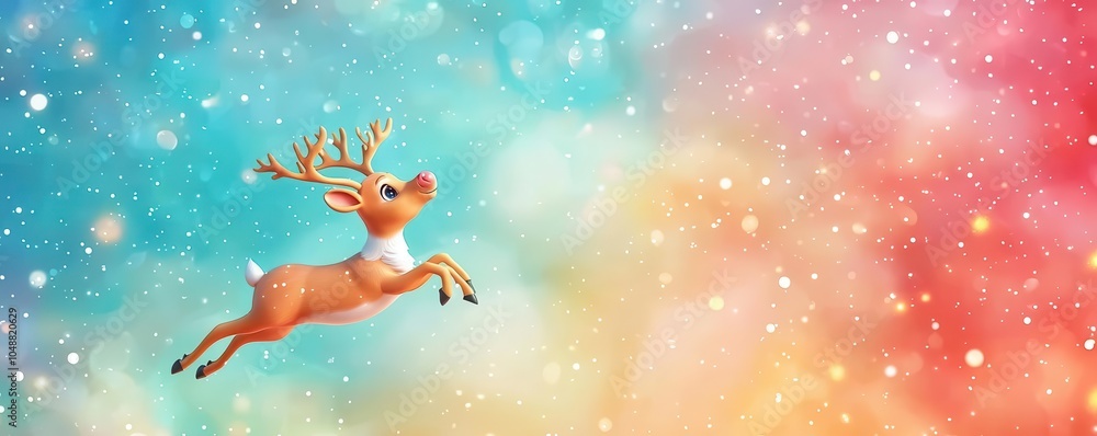 Magical reindeer flying through a glowing Christmas sky, whimsical and cute, 3D illustration Magical reindeer flying through a glowing Christmas sky, whimsical and cute, 3D illustration