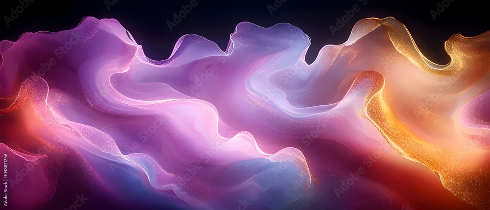 Fototapeta premium An ethereal blend of soft, flowing colors in shades of purple, pink, and gold, creating a dreamy, abstract wave effect that evokes a sense of serenity and motion.
