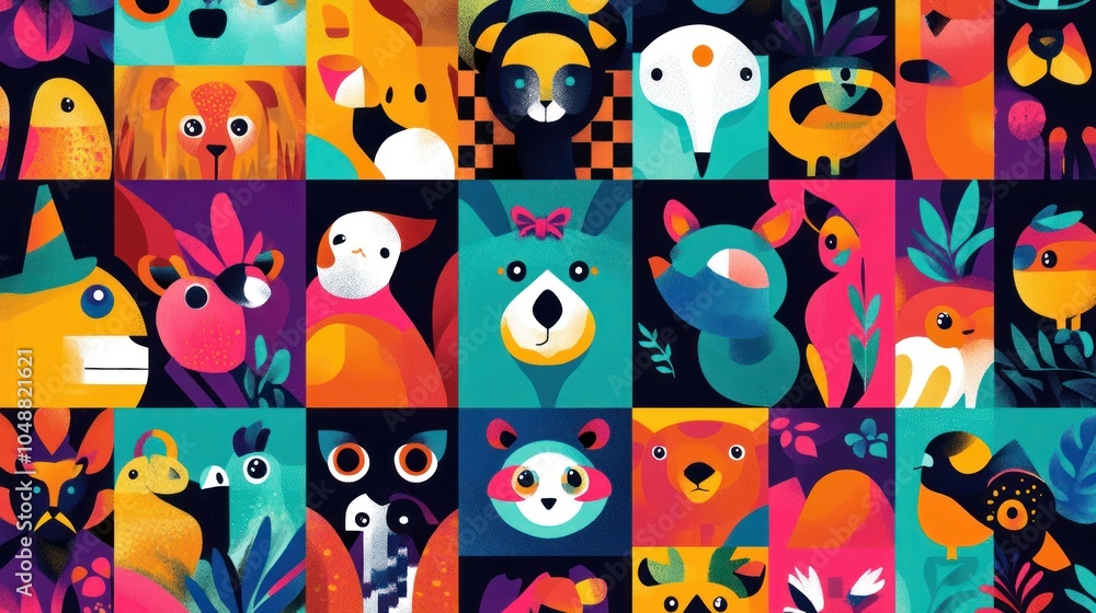 Fototapeta premium Cute animals in minimalist block art, with bright abstract patterns creating a cheerful atmosphere.