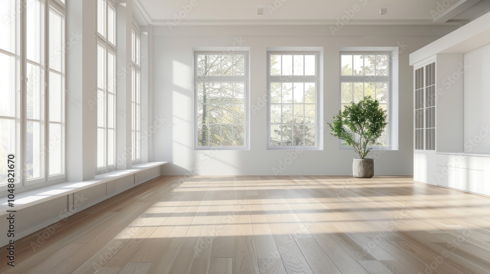 Obraz premium Sunlight streaming through large windows in a minimalist white room with wooden floors