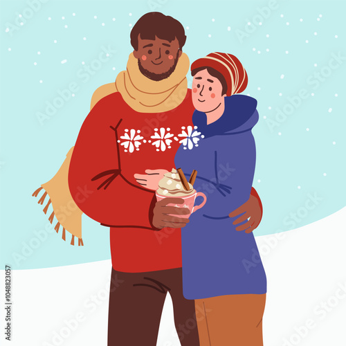 Hugging couple in winter clothes. Man and woman in love, happy family on a walk. Winter romance. Flat. Hand drawn vector illustration.