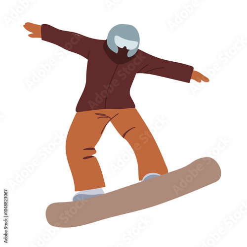 A man in sports overalls is snowboarding. Woman, man engaged in outdoor activities in winter. Seasonal outdoor activity. Man in goggles glides on the board.