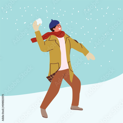 Young man with a scarf a snowball in his hand. Winter. Boy playing snowballs in hand drawn style. Flat vector illustration Isolated on white background.