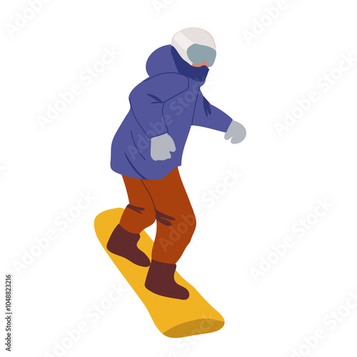 A man in sports overalls is snowboarding. Woman, man engaged in outdoor activities in winter. Seasonal outdoor activity. Man in goggles glides on the board.