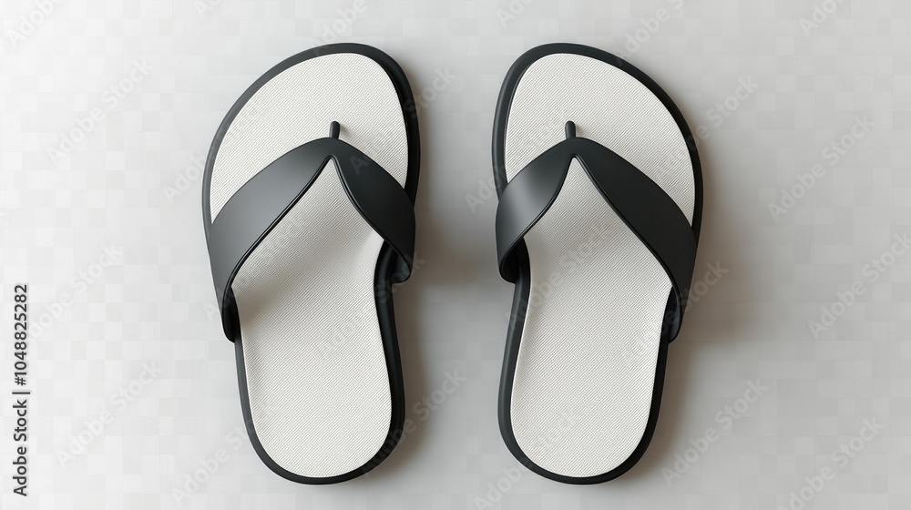 A pair of black and white flip flops on a white background. A pair of black and white flip flops on a white background.