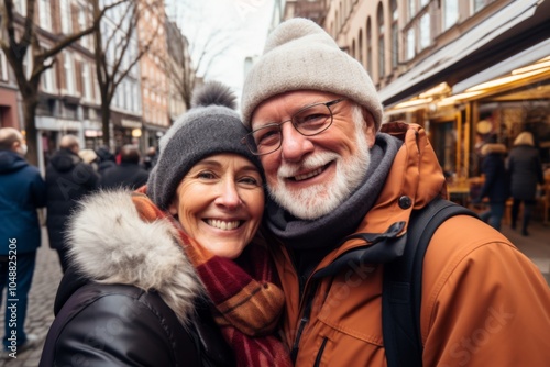 Close up of senior couple taking selfie in city