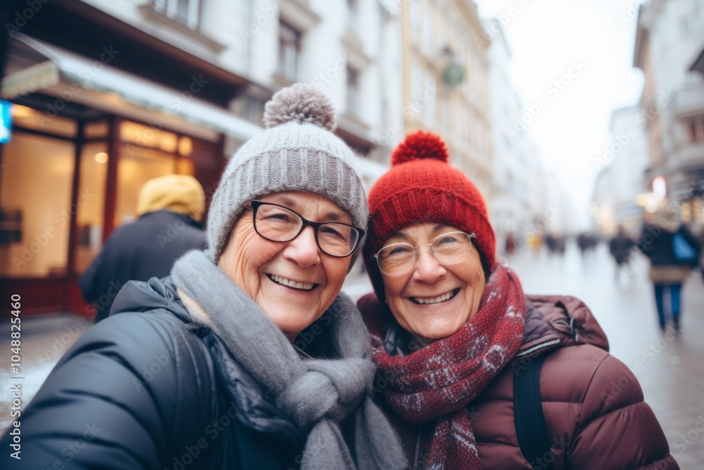 Smiling Caucasian senior lesbian couple taking selfie in city Smiling Caucasian senior lesbian couple taking selfie in city