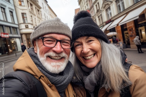 Close up of senior couple taking selfie in city