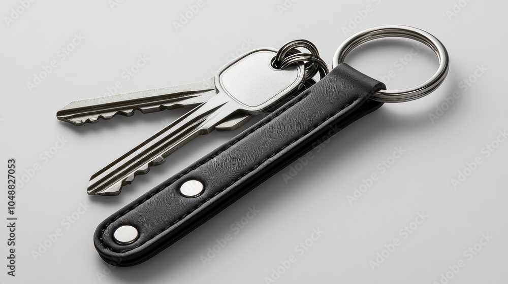 Close-up of a black leather keychain with two keys on a white background. Close-up of a black leather keychain with two keys on a white background.