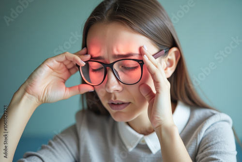 A woman with glasses shows a headache