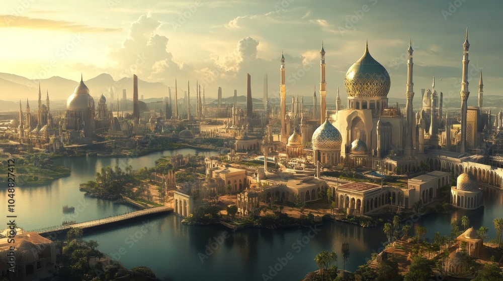Fototapeta premium A modern city where religious tolerance is visibly practiced, with places of worship from different faiths coexisting,