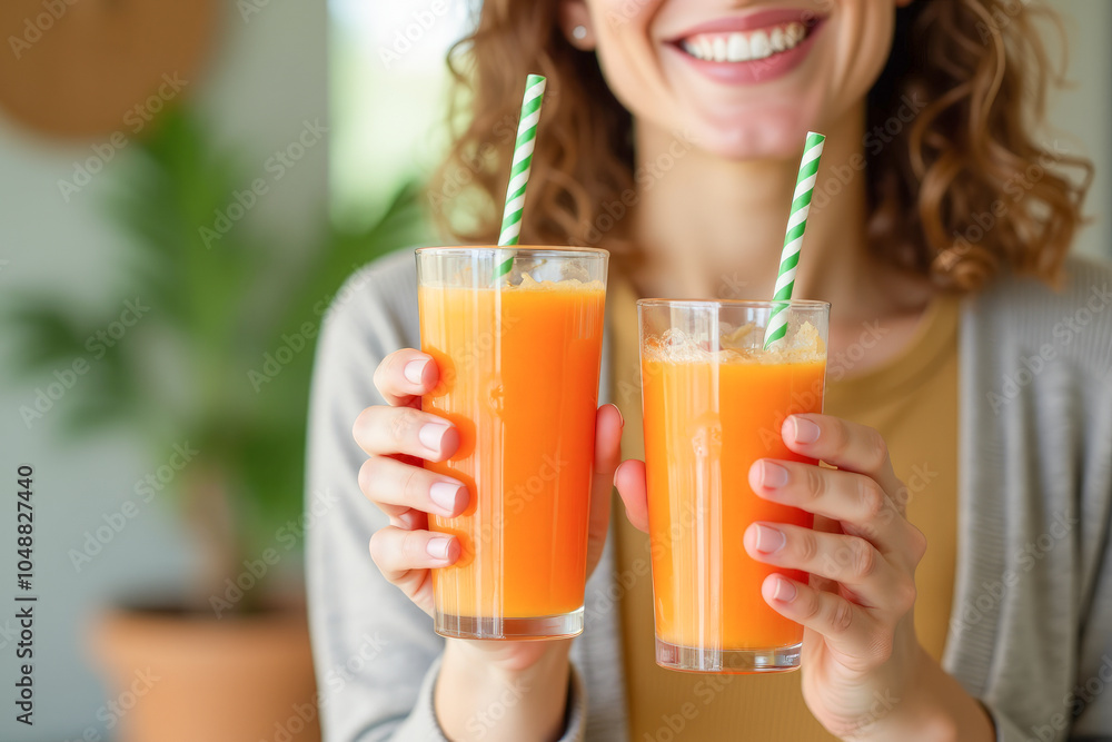 Fototapeta premium carrot or orange juice in a bottle in a woman's hand, a healthy eating concept