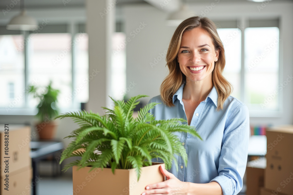 A beautiful female office worker packs a green plant into a cardboard box A beautiful female office worker packs a green plant into a cardboard box